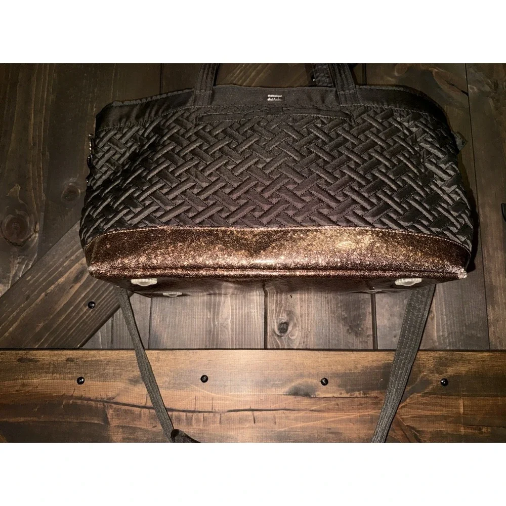 LUG‎ Avion Brown Gold Glitter Large Quilted Shoulder Tote Travel Bag NWOT